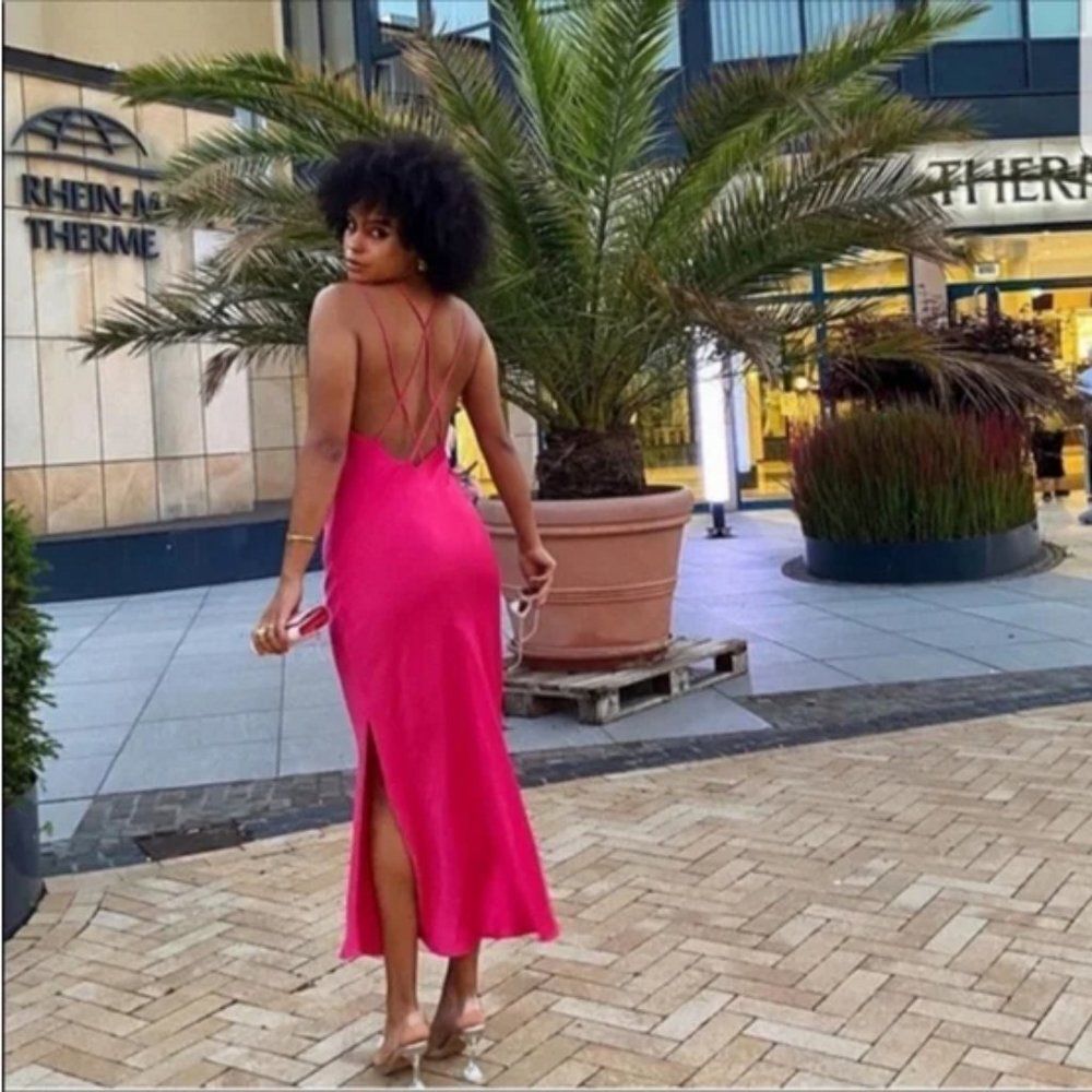 Zara Satin Slip Dress with Criss Cross Back Blogger Favorite in Pink - Picture 1 of 12